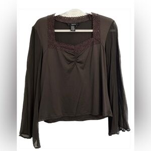 Ishyu Lacy Sheer Long Sleeve Chocolate Vintage Silky Blouse, Size L